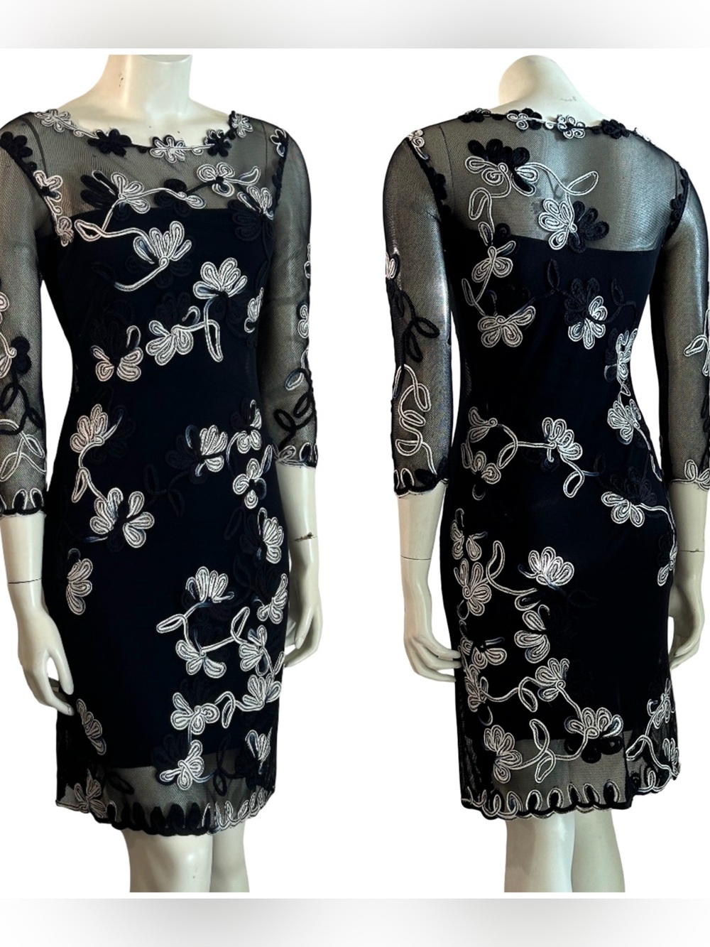 Frank Lyman Design Navy/White Midi Dress with Embroidered Floral Appliqué